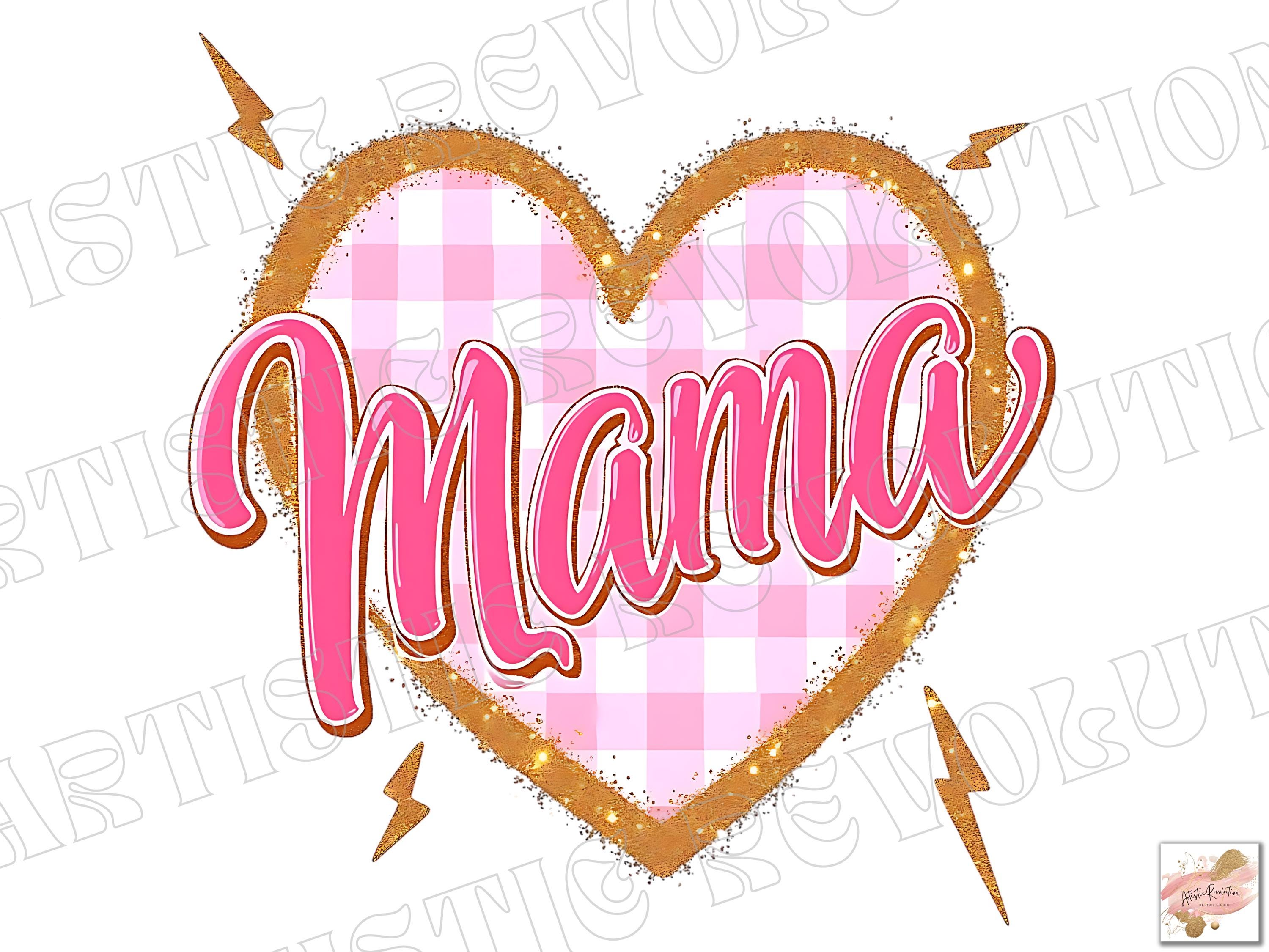 Mama Checkered Heart PNG, Pink Mama Png, Glitter Gold Mama Png