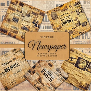 May include: A collage of vintage newspaper backgrounds with a variety of headlines and text in a yellowed, aged style. The text includes words like "New Eillus Eli Youd", "Giyot's othe", "LOTY PIRON", "DECIDPARIOEL NETWSPLAIPES", and "Encilily Carespte".