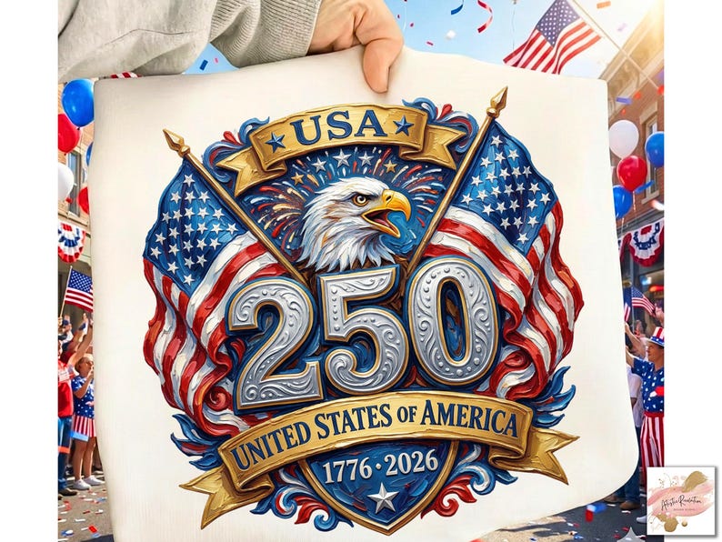以下が含まれることがあります： ワシ、アメリカ国旗、そして「USA 250 United States of America 1776-2026」の文字が描かれた愛国的なデザイン。赤、白、青でデザインされ、国の記念日を祝っています。