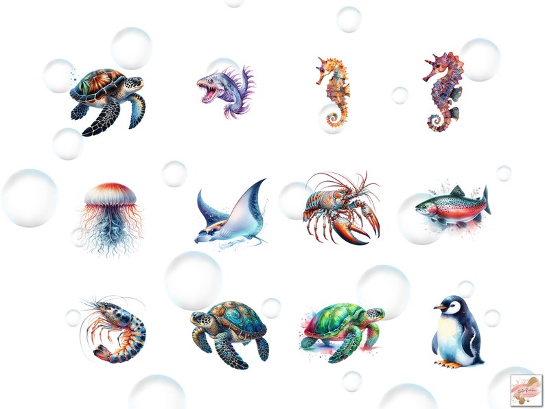 May include: A colorful illustration of various sea creatures, including a sea turtle, a seahorse, a jellyfish, a stingray, a lobster, a fish, a shrimp, and a penguin. The illustration is set against a white background with white bubbles.