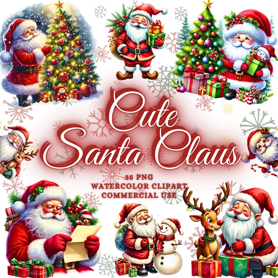 Watercolor Santa Claus Clipart Bundle, Christmas Santa Clipart, 35 Cute ...