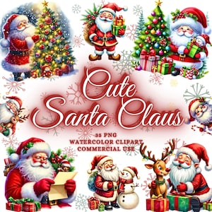 Pacote de clipart de Papai Noel em aquarela, clipart de Papai Noel de Natal, pacote de 35 PNG fofos de Papai Noel, PNG festivo de Papai Noel, clipart festivo de inverno