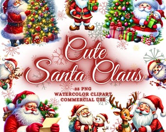Watercolor Santa Claus Clipart Bundle, Christmas Santa Clipart, 35 Cute Santa Png Bundle, Festive Santa Claus Png, Festive Winter Clipart