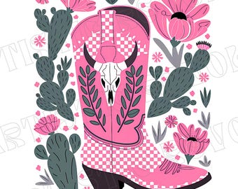 Boho Cowgirl Boot & Flowers PNG, Retro Western Design