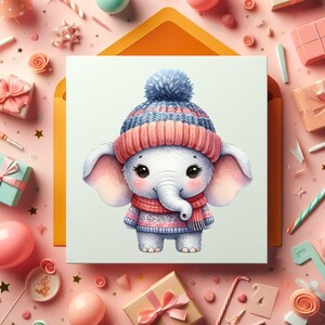 May include: A cute cartoon elephant wearing a pink and blue winter hat and a red scarf. The elephant is standing on a white background.