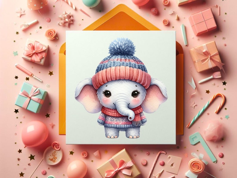 May include: A cute cartoon elephant wearing a pink and blue winter hat and a red scarf. The elephant is standing on a white background.