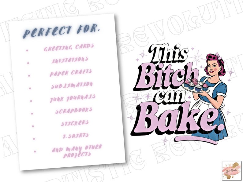 以下が含まれることがあります： 「This Bitch can Bake.」というテキストと、カップケーキを持ったレトロなスタイルの女性を描いた、印刷可能なデザインのデジタルダウンロードです。このデザインは、グリーティングカード、招待状、ペーパークラフトなど、さまざまなクラフトプロジェクトに最適です。