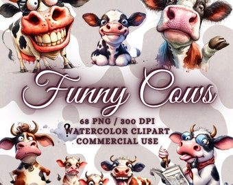 68 Funny Cute Cow Clipart Bundle, Farm Cow Clipart, Watercolor Cows Clipart, Funny Cow Png, Funny Cow Sublimation Png Funny Farm Animals Png