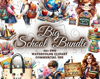 Back To School PNG Bundle, Watercolor Back to School Clipart Bundle, Teaching Graphics, Teacher Clipart, Book Clipart, School Supplies Png,