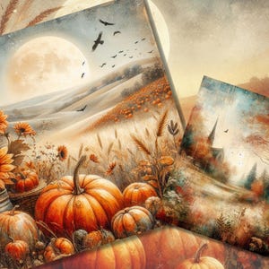 Op de afbeelding: Een aquarel schilderij met een herfst oogsttafereel. Het kunstwerk toont pompoenen, zonnebloemen en tarwe. Een volle maan hangt boven glooiende heuvels, met vogels in vlucht. Het kleurenpalet omvat warme tinten oranje, geel en bruin, wat de herfst oproept.