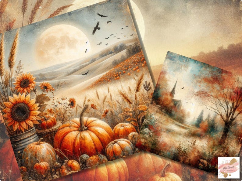 Op de afbeelding: Een aquarel schilderij met een herfst oogsttafereel. Het kunstwerk toont pompoenen, zonnebloemen en tarwe. Een volle maan hangt boven glooiende heuvels, met vogels in vlucht. Het kleurenpalet omvat warme tinten oranje, geel en bruin, wat de herfst oproept.