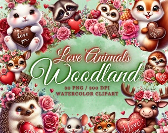 30 Valentine schattige aquarel bosdieren clipartbundel, schattige Valentijn clipart, bosdieren liefde clipart png, schattige babydieren png