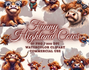 40 Funny Watercolor Highland Cows Clipart Bundle, Funny Highland Cow Png Clipart, Nursery Cow Clipart, Baby Highland Cow Clipart, Funny Cow