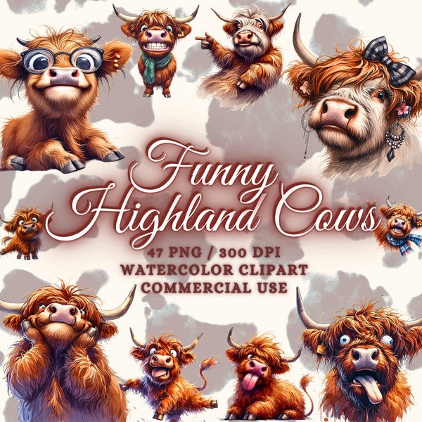 40 Funny Watercolor Highland Cows Clipart Bundle, Funny Highland Cow Png Clipart, Nursery Cow Clipart, Baby Highland Cow Clipart, Funny Cow