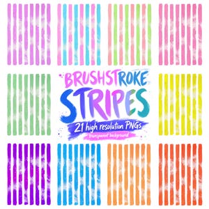 May include: A digital graphic featuring colorful brushstroke stripes in various hues, including pink, blue, green, yellow, orange, and purple. The text "BRUSHSTROKE STRIPES" is displayed with "21 high resolution PNGs" and "transparent background".