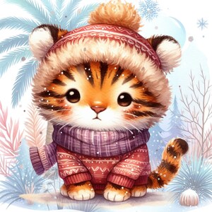 May include: A cute cartoon tiger wearing a red and white knitted sweater, a purple scarf, and a red and white knitted hat with a fluffy pom-pom. The tiger is standing on a snowy ground with a wintery background.