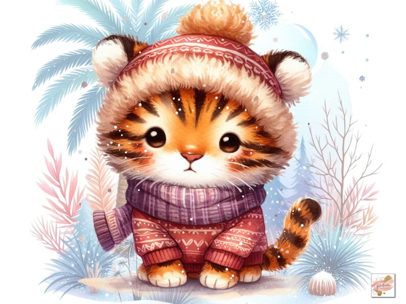May include: A cute cartoon tiger wearing a red and white knitted sweater, a purple scarf, and a red and white knitted hat with a fluffy pom-pom. The tiger is standing on a snowy ground with a wintery background.