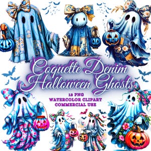 May include: Watercolor clipart featuring denim Halloween ghosts with bows and holding jack-o'-lanterns. The ghosts are in shades of blue, with floral and patchwork details. The image includes the text "Coquette Denim Halloween Ghosts" and "13 PNG Watercolor Clipart Commercial Use."