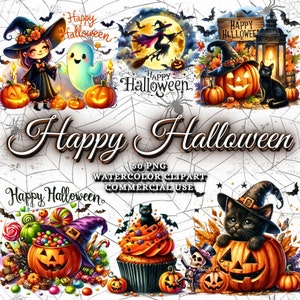 50 Watercolor Happy Halloween Clipart Bundle, Halloween PNG Bundle, Jack-O-Lantern, Witch, Ghost, Spider, Halloween Cat, Commercial Use Png