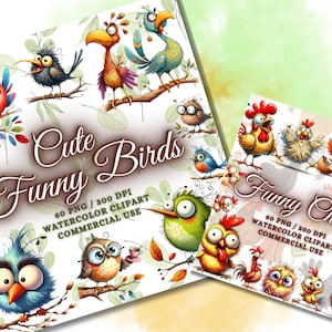 May include: Two watercolor clipart sets featuring cartoon birds and chickens. The first set is titled "Cute Birds" and the second is "Funny Chicken". Each set includes 60 PNG files at 300 DPI for commercial use.