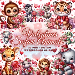 Uroczy Safari Baby Animals Clipart Bundle, 30 Safari Animal Clipart, Safari Baby Animals Png, Valentine Clipart Bundle Jungle Animals Clipart