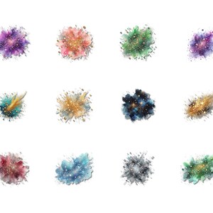 May include: A collection of twelve watercolor abstract designs. Each design features a burst of color, including purple, pink, green, and gold, with a splatter effect and glitter accents. The designs are set against a white background.