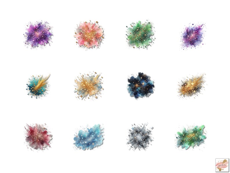 May include: A collection of twelve watercolor abstract designs. Each design features a burst of color, including purple, pink, green, and gold, with a splatter effect and glitter accents. The designs are set against a white background.