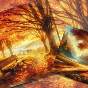 Op de afbeelding: Kunstafdruk van een herfstlandschap met een parksc&egrave;ne, een houten bank, bomen en een pad bedekt met gevallen bladeren. Het kunstwerk toont warme kleuren van oranje, geel en bruin, die een gevoel van rust en de schoonheid van de herfst oproepen.