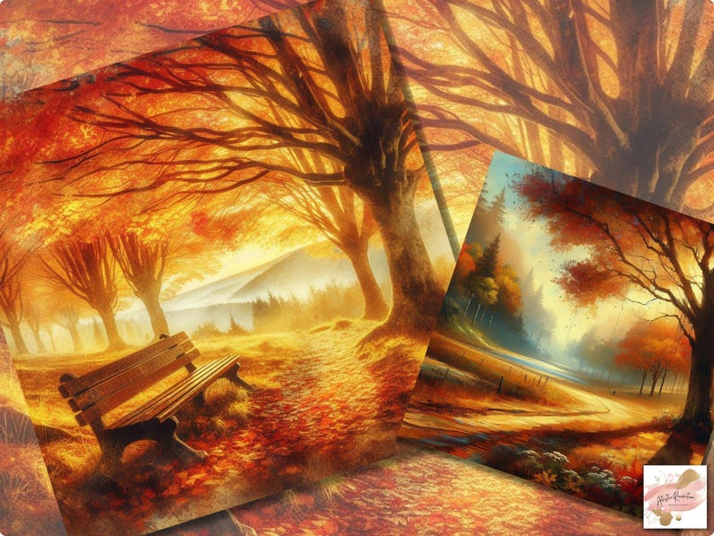 Op de afbeelding: Kunstafdruk van een herfstlandschap met een parksc&egrave;ne, een houten bank, bomen en een pad bedekt met gevallen bladeren. Het kunstwerk toont warme kleuren van oranje, geel en bruin, die een gevoel van rust en de schoonheid van de herfst oproepen.