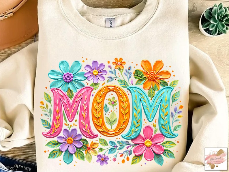 K&ouml;nnte beinhalten: Cremefarbenes Sweatshirt mit einem farbenfrohen Blumendesign und dem Wort &bdquo;MOM&ldquo; in gro&szlig;en, dekorativen Buchstaben. Die Buchstaben sind in Pink, Orange und T&uuml;rkis umrandet, umgeben von Blumen in verschiedenen Farben.