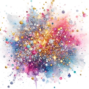 May include: Abstract watercolor design featuring a burst of colorful glitter and sparkling accents. The artwork showcases a vibrant mix of pink, blue, gold, and silver glitter, with star-shaped and round embellishments. The design is set against a white background.