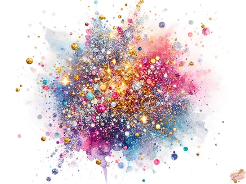 May include: Abstract watercolor design featuring a burst of colorful glitter and sparkling accents. The artwork showcases a vibrant mix of pink, blue, gold, and silver glitter, with star-shaped and round embellishments. The design is set against a white background.