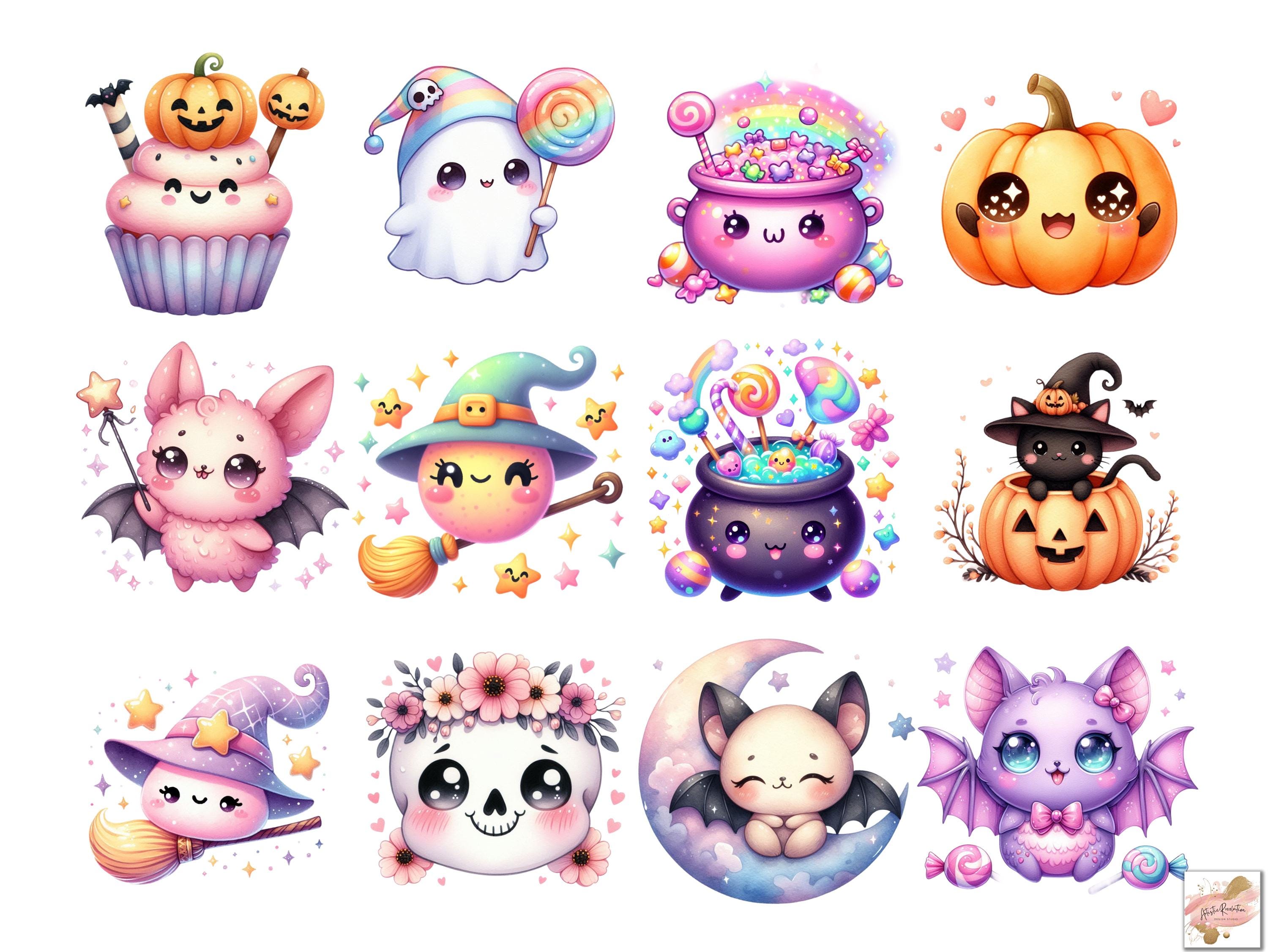 60 Watercolor Cute Kawaii Halloween Clipart Png Bundle, Pastel Kawaii ...