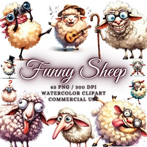 62 leuke grappige schapen clipart bundel, aquarel schapen PNG, baby schapen clipart PNG, schattige schapen clipart, grappige dieren clipart, grappige clipart