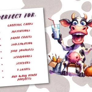 May include: A whimsical illustration of a smiling cow holding a glass of milk. The cow is black and white with a pink udder and is sitting on a small wooden stool. A list of project ideas is on a white paper.