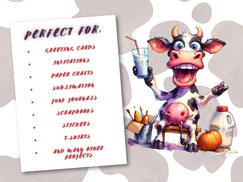 May include: A whimsical illustration of a smiling cow holding a glass of milk. The cow is black and white with a pink udder and is sitting on a small wooden stool. A list of project ideas is on a white paper.