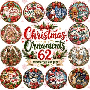 May include: A collection of twelve circular Christmas ornaments featuring festive illustrations of Santa, a puppy, a snowman, a gingerbread man, a gingerbread house, a polar bear, a nutcracker, a deer, a reindeer, a bear, a penguin, and an angel.
