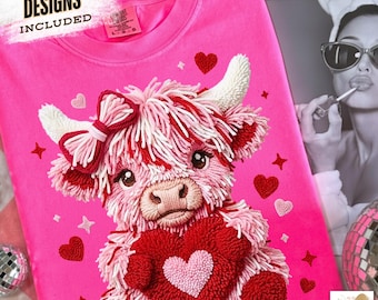Faux Yarn Valentine Highland Cow Png, Latch Hook Valentine Png, Crochet Cow Png, Preppy Valentine Png, Faux Embroidery Valentine's Day Png