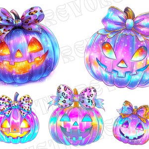 May include: A collection of five colorful, cartoon-style jack-o'-lanterns. Each pumpkin has a smiling face and a decorative bow. The pumpkins are primarily purple, blue, and pink with a galaxy-like design. The bows have a leopard print.