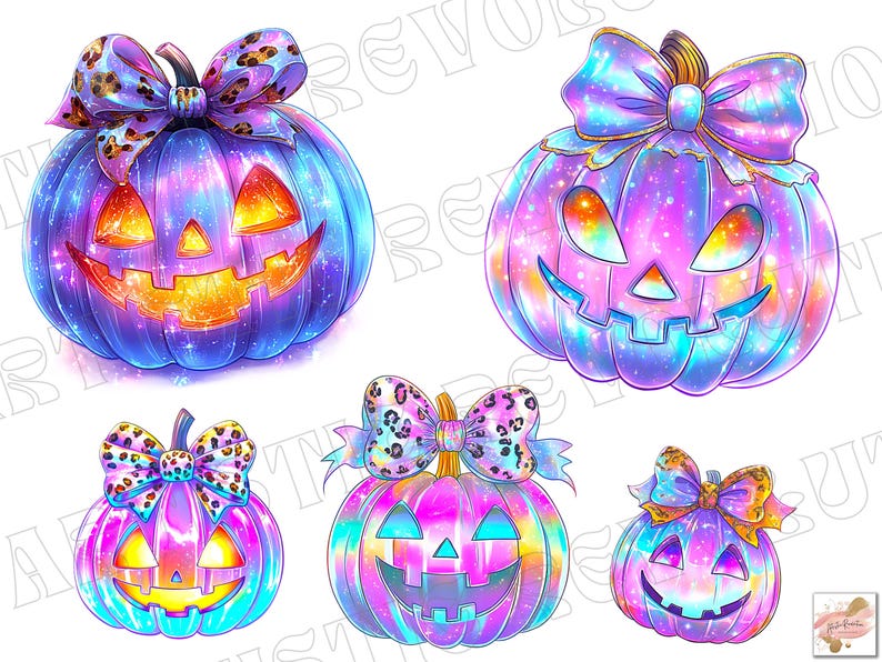 May include: A collection of five colorful, cartoon-style jack-o'-lanterns. Each pumpkin has a smiling face and a decorative bow. The pumpkins are primarily purple, blue, and pink with a galaxy-like design. The bows have a leopard print.
