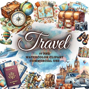Aquarel reizen clipart, vakantie vakantie graphics, vliegtuig, koffer, ticket, bagage illustraties, bezienswaardigheden clipart, reisstickers