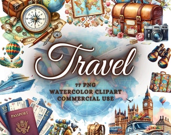 May include: Watercolor clipart set with a travel theme. The image features a compass, globe, suitcase, passport, camera, binoculars, and a hot air balloon. The word "Travel" is written in a cursive font. The text "77 PNG WATERCOLOR CLIPART COMMERCIAL USE" is also included.