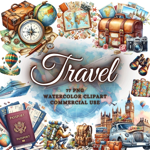 Watercolor Travel Clipart, Vacation Holiday Graphics, Plane, Suitcase, Ticket, Luggage Illustrations, Landmarks Clipart, Travel Stickers