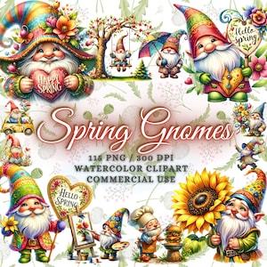 115 Aquarell Frühling Gartenzwerge Clipart Bundle, niedliche Zwerge Png Bundle, Aquarell Frühling Clipart Png, Zwerge Sublimation, Frühlingszwerge