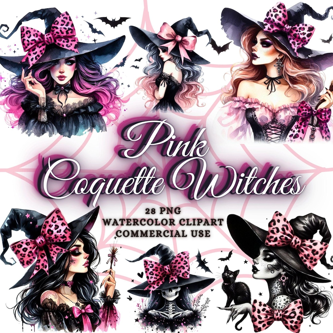 Watercolor Halloween Witch Clipart Bundle Pink Coquette Halloween ...