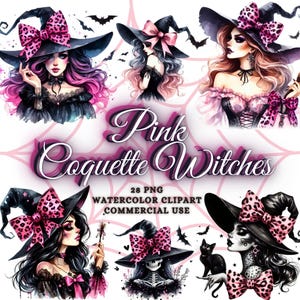 Watercolor Halloween Witch Clipart Bundle Pink Coquette Halloween Clipart Spooky Halloween Witch Clipart Pink Witch Png Bundle Sublimation