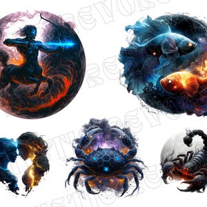 May include: Digital art featuring five zodiac signs: Sagittarius, Pisces, Gemini, Cancer, and Scorpio. Each sign is depicted in a circular design with vibrant colors and celestial themes. The artwork is set against a white background.
