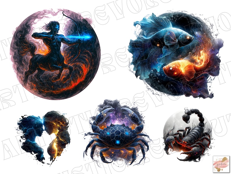 May include: Digital art featuring five zodiac signs: Sagittarius, Pisces, Gemini, Cancer, and Scorpio. Each sign is depicted in a circular design with vibrant colors and celestial themes. The artwork is set against a white background.