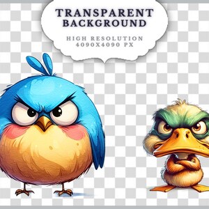 May include: A blue bird with an angry expression and a green duck with an angry expression. Both birds are cartoon-like and have large eyes.
