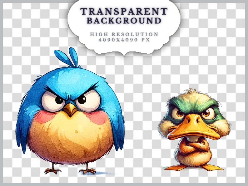 May include: A blue bird with an angry expression and a green duck with an angry expression. Both birds are cartoon-like and have large eyes.